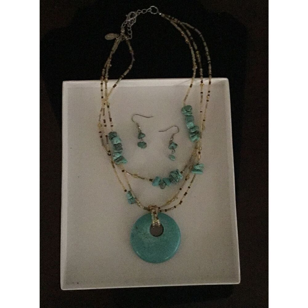 Gorgeous Triple Strand Citrine Bead & Turquoise Medallion Necklace & Earring Set
